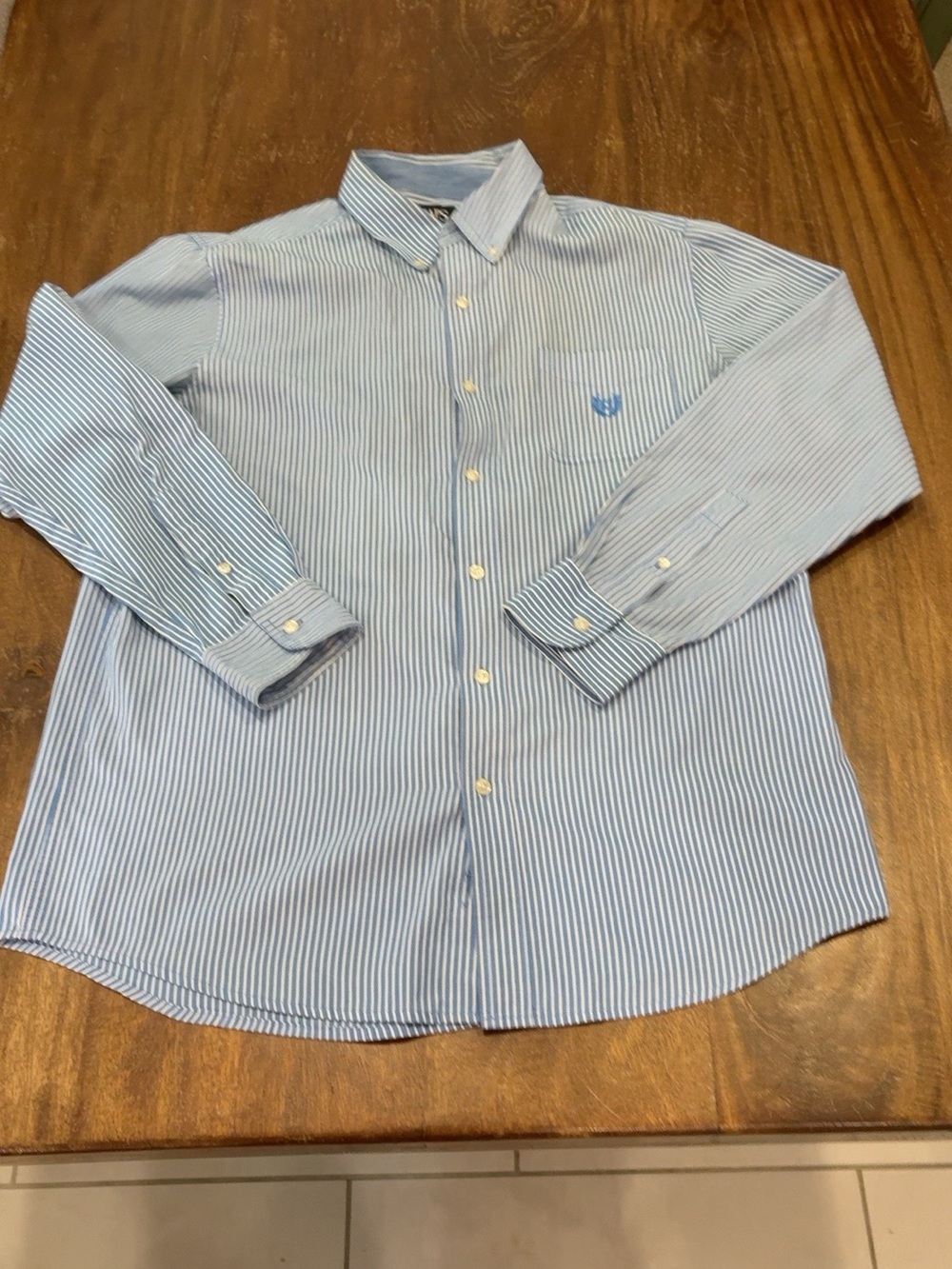 Chaps Men’s Large Blue White Striped Button Down Shirt Easy Care Preppy